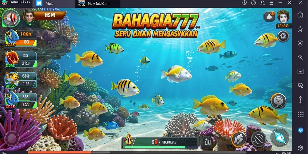 Screenshot permainan BAHAGIA777 menampilkan aksi menembak ikan yang seru.