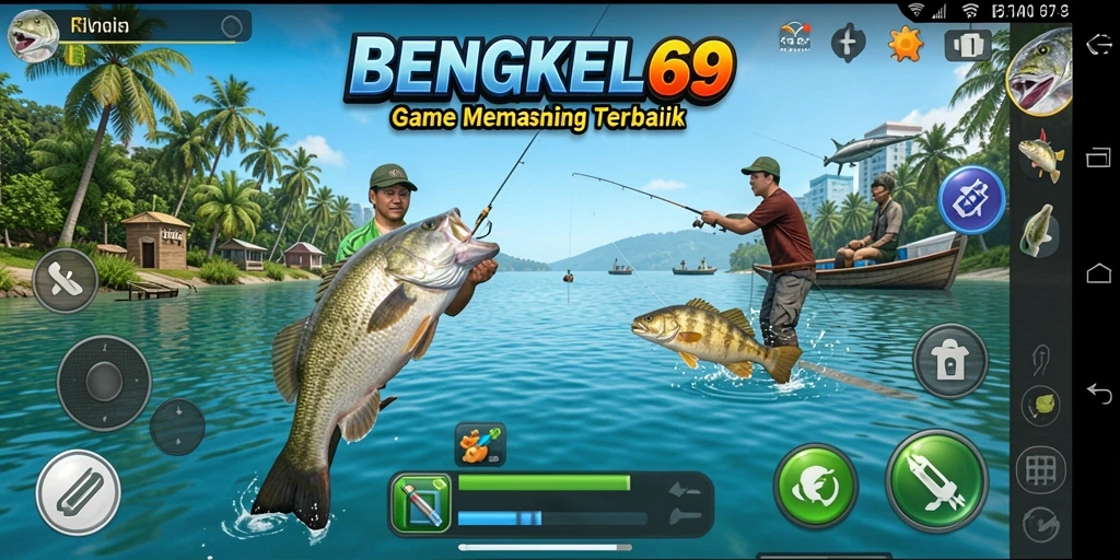 Tampilan gameplay BENGKEL69 saat memancing di danau yang indah.