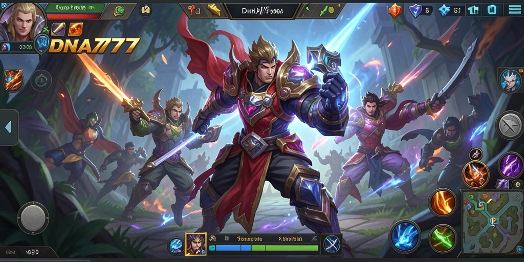 Screenshot permainan DNA777 menampilkan aksi seru antar karakter MOBA.