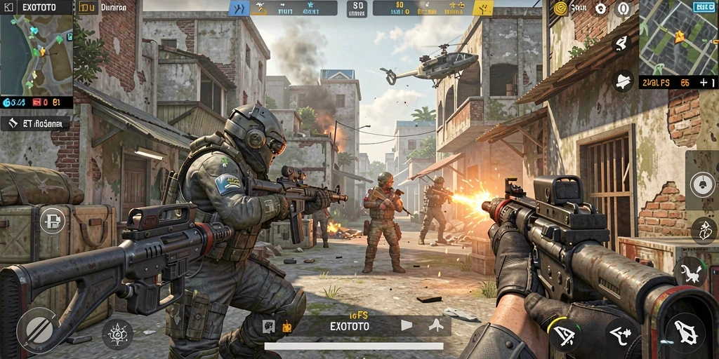 Screenshot gameplay EXOTOTO menunjukkan aksi tembak-menembak yang intens.
