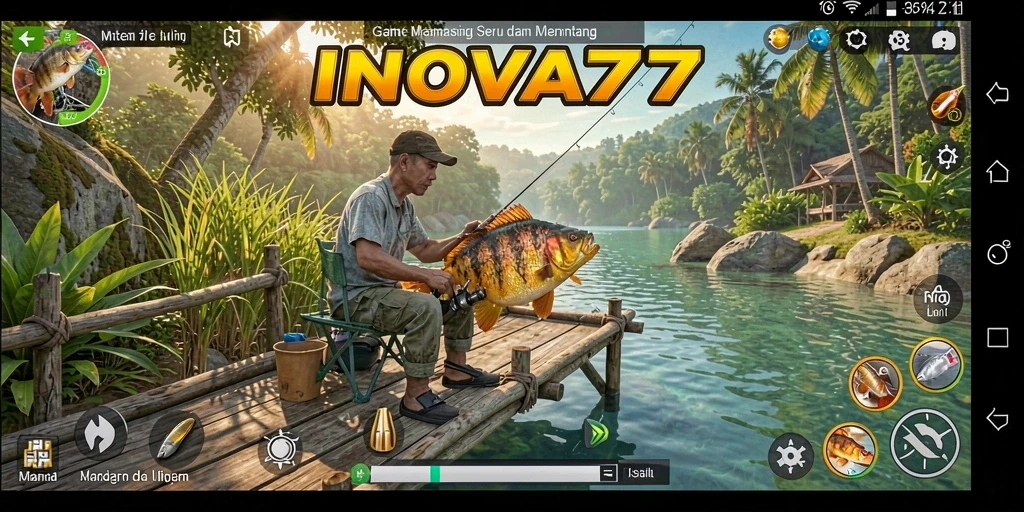 Tampilan gameplay INOVA77 dengan suasana memancing yang menarik dan ikannya.