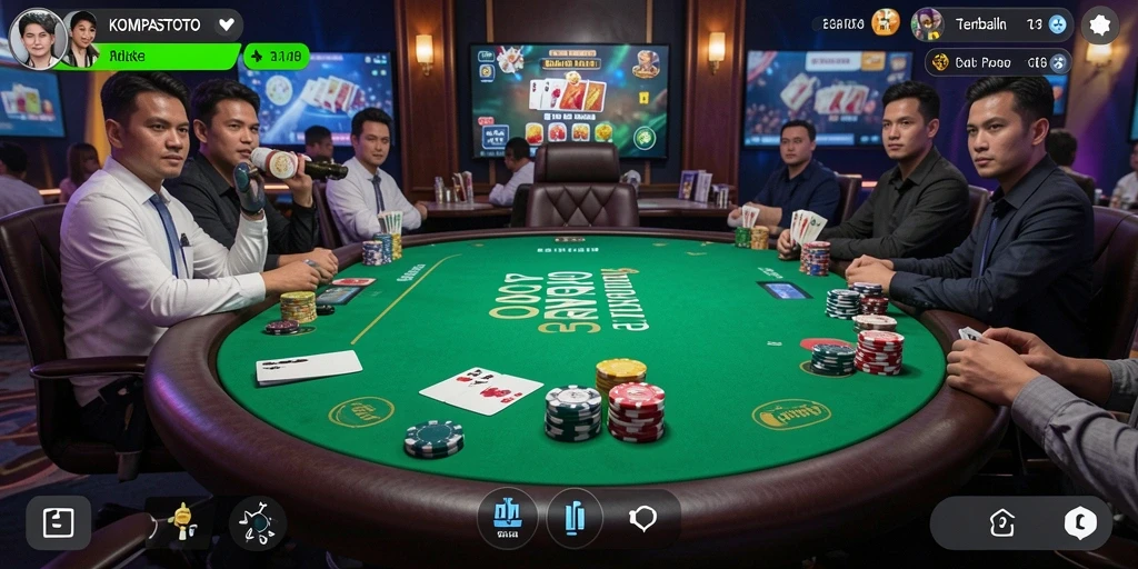 Screenshot gameplay <strong>KOMPASTOTO</strong> dengan suasana Poker yang menegangkan.
