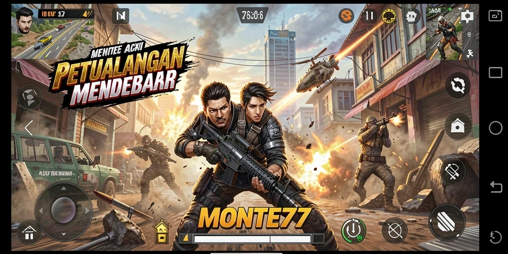 Screenshot gameplay MONTE77 menunjukkan pertarungan seru antara karakter utama dan musuh.