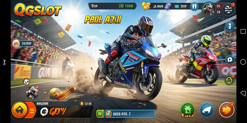 Tangkapan layar permainan QQSLOT yang menunjukkan aksi balapan motor.